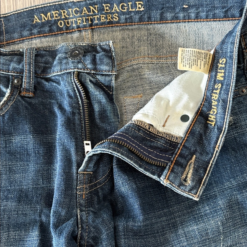 American Eagle Slim Straight Jeans Men’s 28x32 Distressed Blue Denim - Picture 4 of 7
